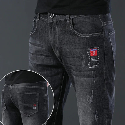 Men's Fashion Letters Denim Pants Slim Straight Gentleman Slacks Fashion European American Style Stretch Men Luxury Jeans Grey