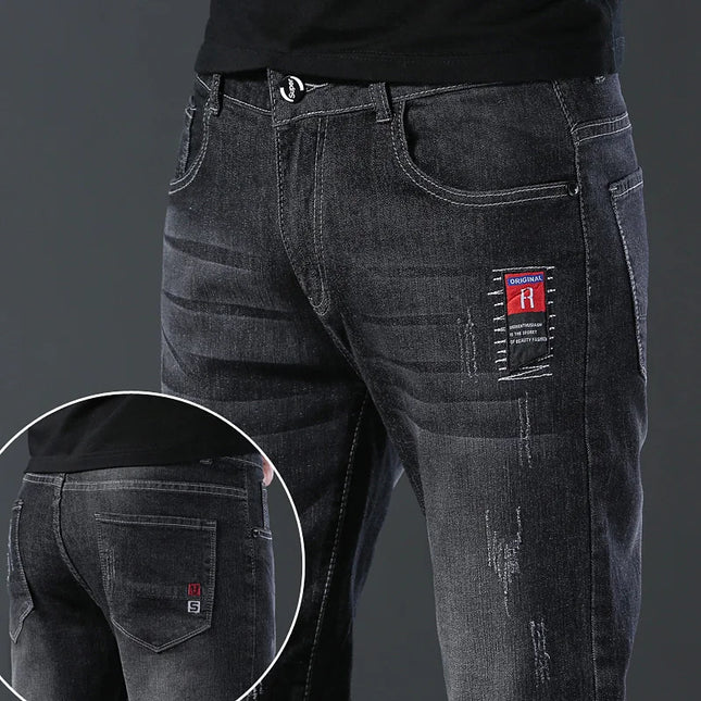 Men's Fashion Letters Denim Pants Slim Straight Gentleman Slacks Fashion European American Style Stretch Men Luxury Jeans Grey