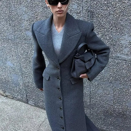 Women's Long Coat Slim V Neck Single Breasted Overcoats Shoulder Pad Maxi Jackets with Belt 2025 New Winter Lady Commute Outwear