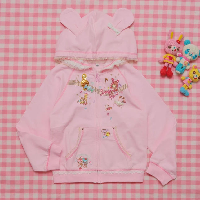 Pink Japanese Y2k Cute Hoodies Coat Women Autumn Kawaii Long Sleeves Cartoon Pattern Ear Anime Hoodie E-girls Sweet Sweatshirt