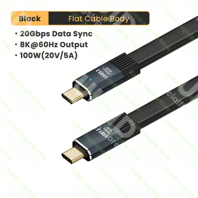 USB3.2 20Gbps Type C to Type C Flat Data Cable ThunderBolt 3 PD100W 5A USB-C Cord For iPhone 15 Pro MacBook Pro Samsung Xiaomi