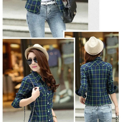 Slim Fit Plaid Long Sleeve Women's Shirt Qiang Yixuan Brand Autumn New Korean Version Cotton Button-Up Shirt