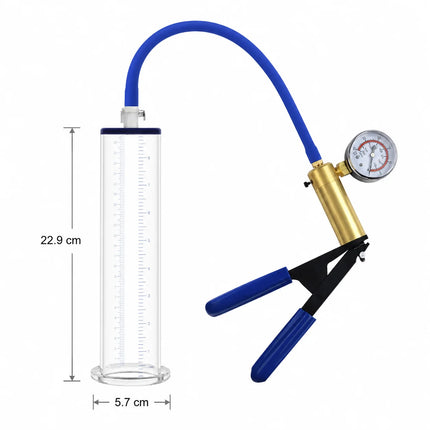 Sex Toys Vacuum Pump Trainer with Clear Acrylic Measuring Cylinder Blue Hose Metal Pressure Gauge and Manual Air Control Handle