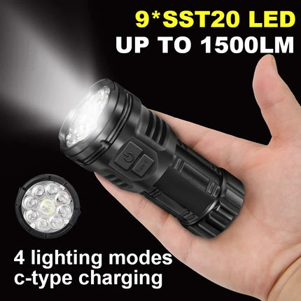 Mini Flashlight 9 LED Strong Light Lantern Long Range Rechargeable Pocket Lamp Outdoor Portable Camping Hiking Light