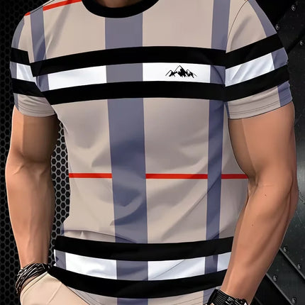 Men’s Summer Plaid Striped T-Shirt – Beige & Gray Color Block, Slim Fit Casual Crew Neck Tee for Daily Wear