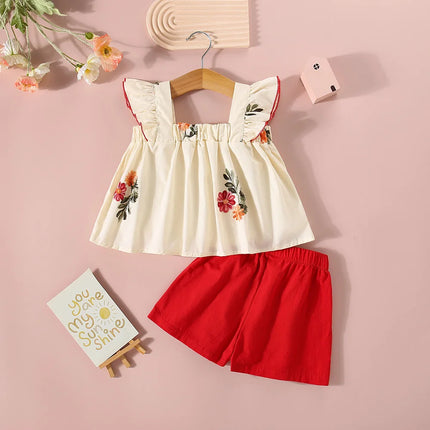 Girls Set Summer New Floral Print Small Fly Sleeves Cute Short Sleeved Top Solid Color Shorts Two Piece Set
