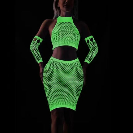 Fishing Net Transparent Women's Sexy Two Piece Set Fluorescent Open Crotch Bodystockings Dance Party Club Luminous Sex Clothes