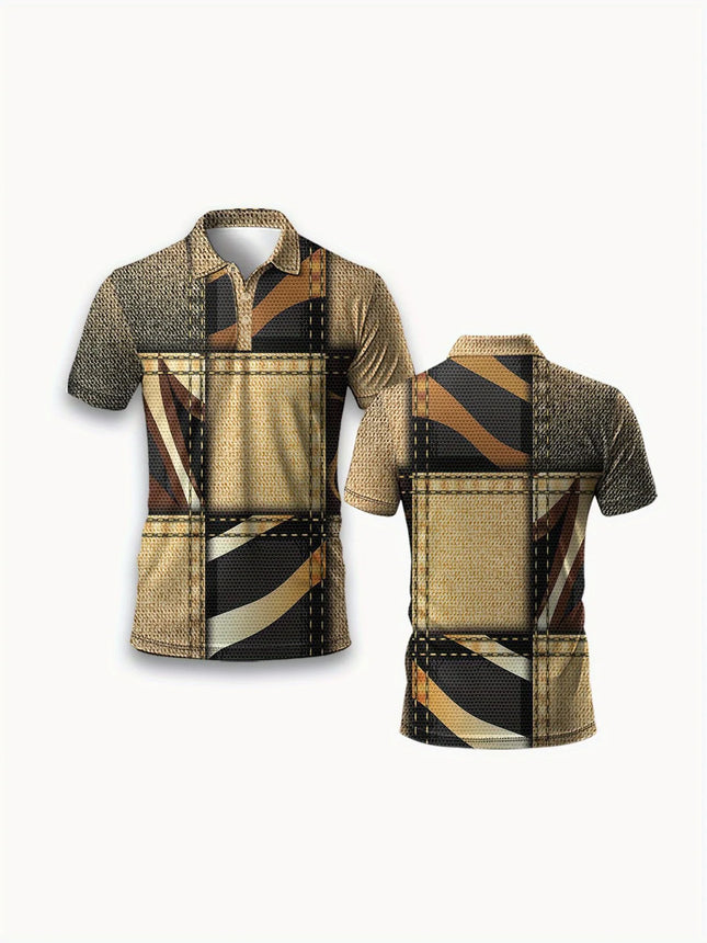 Men's Casual Short Sleeved Polo Shirt with Retro Patchwork Pattern Printed Business Casual Style Suitable for Playing Golf