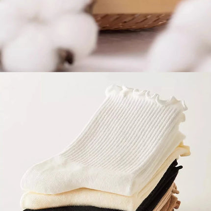 Cotton Socks for Women Girls Ruffle Top Solid Color Spring Autumn Breathable Soft Mid-calf Sock 1 Pair or 2 Pairs