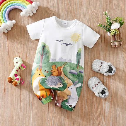 Baby Clothes Cute Cartoon Forest Animal Print Comfortable And Soft 0-18 Boys And Girls Summer Short Sleeved Baby Jumpsuit