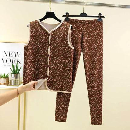 Warm Fleece Lined Velvet Home Clothes Set with Buttoned Knitwear Self Heating Anti Cold Two Piece Set for Women Autumn Winter