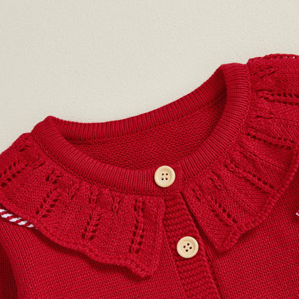 Toddler Girl Christmas Knit Sweater Cardigan Long Sleeve Ruffled Round Neck Button Down Candy Cane Embroidery Sweater