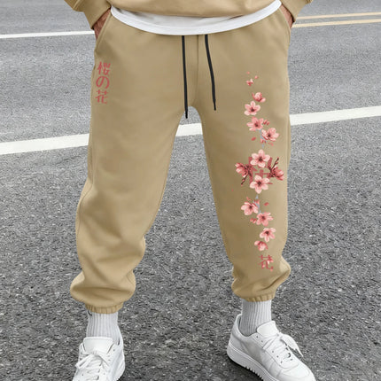 Men's Harajuku Sakura Cherry Blossom Japanese Kanji Print Sweatpants Elastic Waist Soft Daily Street Hip Hop Joggers