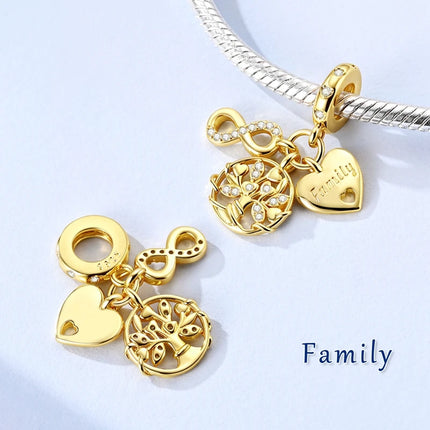 Charm Bead 925 Sterling Silver Heart Starry Sky Family Mother-Daughter-Sister Charm Fit Bracelets Pendant Women DIY Jewelry Gift
