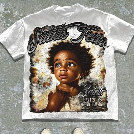 Men's Saints Tears Graphic T-Shirt Heavyweight 180gsm Cotton Streetwear Tee Relaxed Fit Crewneck Shirt for Hip-Hop Church Events