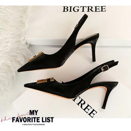 2024 Autumn Women Soft Leather Slingback Shoes Thin High Heels Office Dress Fashion Hollow Pointy Toe Gentle Sandals 8999-5