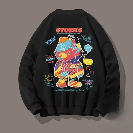 M-8XL Men Oversized Sweatshirt Fashion Loose American Style Trendy Color Graffiti Bear Print Long Sleeve Couple Clothes