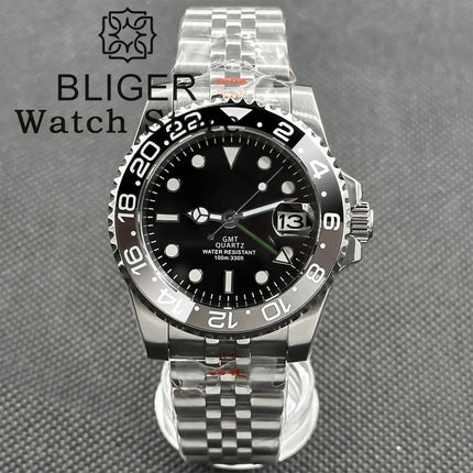 BLIGER 40mm 515 24H GMT Men's Watch Stainless Steel Clasp Luminous Quartz Movement Ceramic Bezel Sapphire Glass 10Bar Waterproof