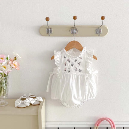 Summer baby girl sweet and cute embroidered floral side bow jumpsuit, baby girl sleeveless thin lace collar jumpsuit, suitable f