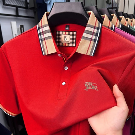 High-end luxury brand men's short-sleeve polo shirt, summer breathable cotton plaid lapel top, fashion embroidered casual T-shirt