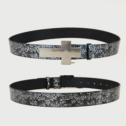 Luxury Designer Gothic Punk Belt for Men And Women Cross Buckle plus Size Silver Flora Black Waistband for Jeans Skirt Dress