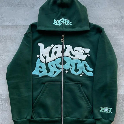 Zipper hooded sweatshirt with retro American letters suitable for men and women wearing Y2K jacket autumn/winter cardigan