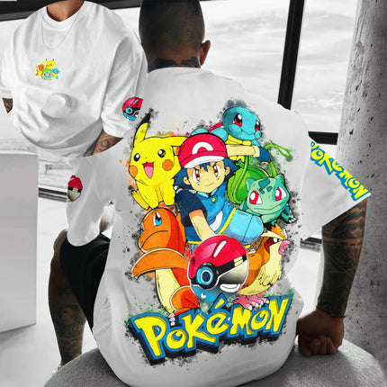 Summer Anime Pokémon Cosplay T-Shirt Cotton Short Sleeve Tops Casual Loose Retro T-Shirt Men Women Family Matching Outfits Tops