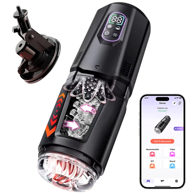 APP Controls 7 Thrust and Rotation 7 Tongue Licking and Vibration Mode Male Hands-Free Masturbator Airplane Cup for Adult Toys