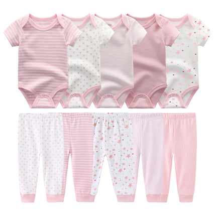 Kiddiezoom 10 Pcs/Lot Four Seasons Fashion Baby Clothing Set Cotton Soft Newborn Bodysuits+Pants Infant Outfit Gift