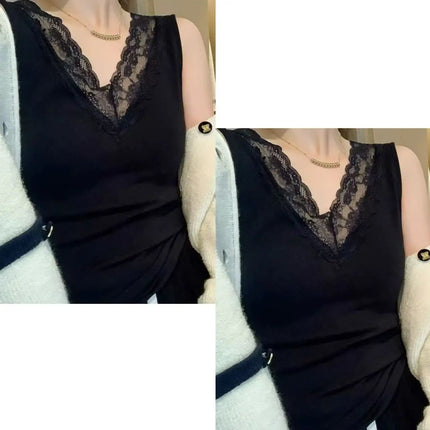 Spring Autumn Women's Slim Fit Lace Trim V-Neck Strap Vest Top Slim Inner Wear Base Layer Sweet Style Elastic Fiber