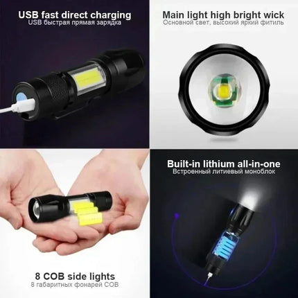2Pack Mini LED Flashlight COB+XPE Portable Torch USB Charging Camping Lantern Zoomable Light Keychain Flashlight with Pen Clip