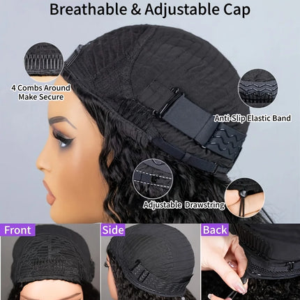 Burmese Curly Human Hair Half Wig 3-in-1 Glueless Natural Black  Spiral Ends With Drawstring Half Wigs for Beginners Wear And Go