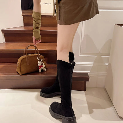 New Vintage Women Stretch Slim High Boots Fashion Back Zippers Shoes Autumn Winter Thick Heel Ladies Knight Long Booties 2025