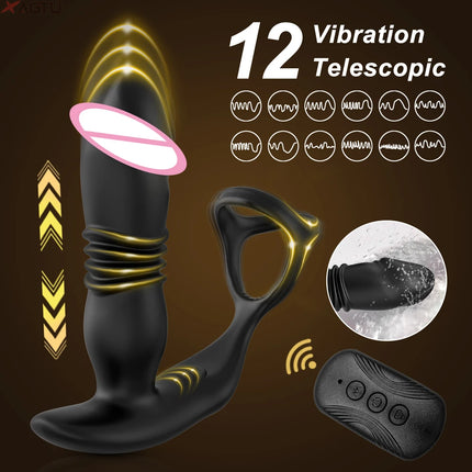 Wireless Remote Control Male Thrusting Prostate Massager 3 Moto Anal Plug Dildo Butt Plug Sex Toys for Men Telescopic Cock Ring