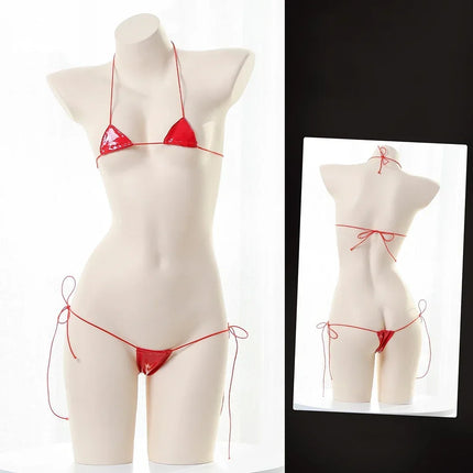 New Womens Sexy Lingerie Leather Bikini Bra G-string Wet Look Breathable Halter Lace-up Tight Fitting Uniform Set Ladies Bikini