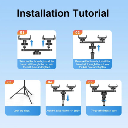 Dual Phone Tripod Stand 1.6M Adjustable with Clip for Live Video Recording Portable Floor Holder Support 2 Phone Simultaneously
