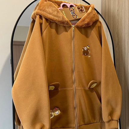Original Japanese Style Soft Girl Hooded Rilakkuma Jacket for Women Cute Versatile Fleece Lined Thickened Sweatshirt