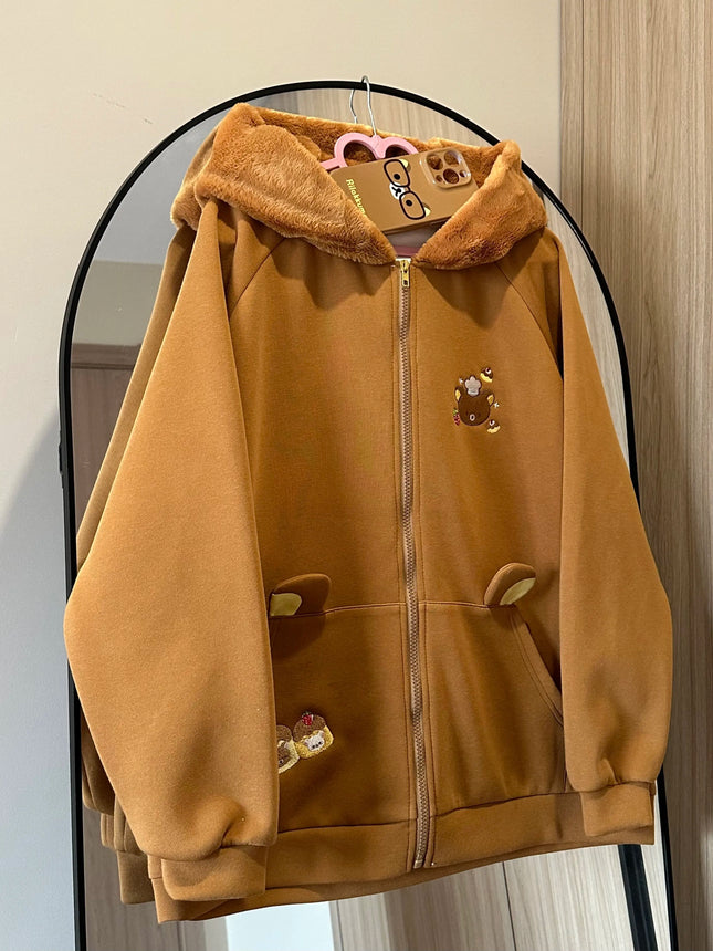 Original Japanese Style Soft Girl Hooded Rilakkuma Jacket for Women Cute Versatile Fleece Lined Thickened Sweatshirt
