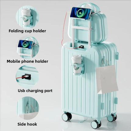 20 Inch Multifunction Large Capacity Luggage Business Carry on Boarding USB Charging Cup Holder 360° Spinner Wheels Suitcase