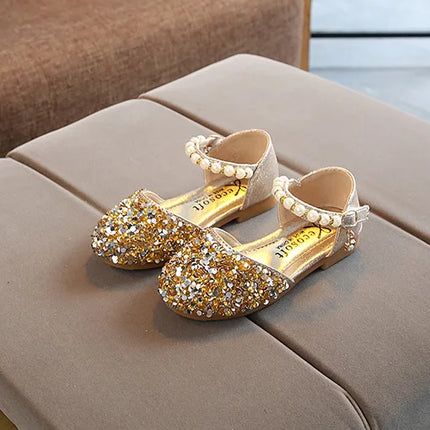 Summer Girls Shoes Bead Mary Janes Flats Fling Princess Shoes Baby Dance Shoes Kids Sandals Children Wedding Shoes Gold