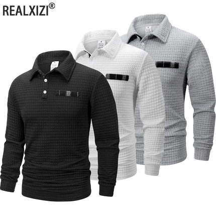 Men's Golf Checkered Long Sleeve Polo Shirt  Casual Sports Business Men POLO Shirt Comfortable Breathable Solid Color T-shirt