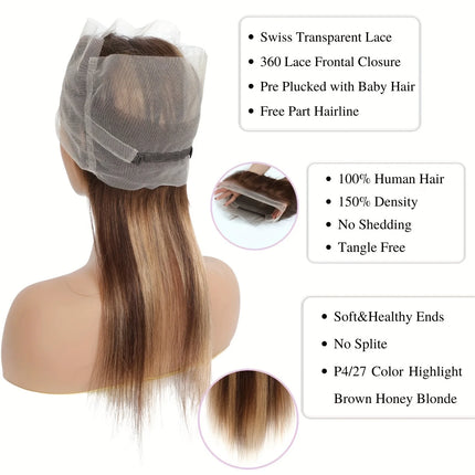 P4/27# Highlight 360 Lace Frontal Only Straight Ombre Honey Blonde 2x6 4x4 5x5 13x4 Lace Closure P4/27# Human Hair Extensions