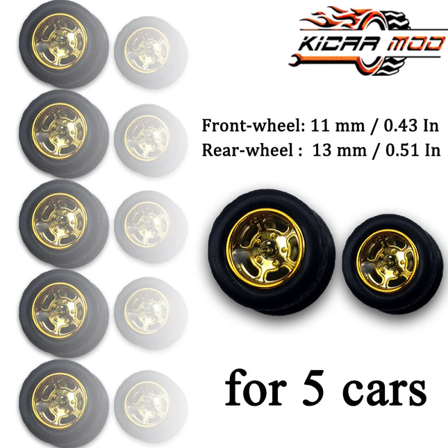 1/64 Front Small and Rear Big Wheels with Detachable Rubber Tires Circular Spoke Refitting Parts for Hotwheels Model Cars 5 Cars