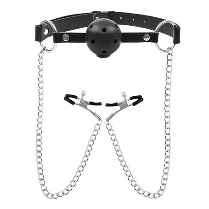 1Pc Erotic Toy PU Leather Mouth Gag Ball Oral Sex With Chain Clip Breast Nipple Clamps Bondage Harness Sex Toys Adult Games