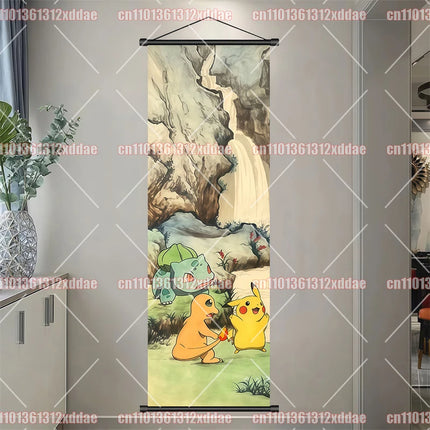 Classic Anime Pokémon Retro Scroll Painting Poliwhirl Pikachu Eevee Charizard Dragonite Squirtle Bulbasaur Creative Poster Gift