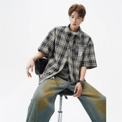 Summer High Street Fashion Plaid Short Sleeve Shirts Men's Pocket Appliques Baggy T Shirt 2026 New Y2K Vintage Luxury Blouse