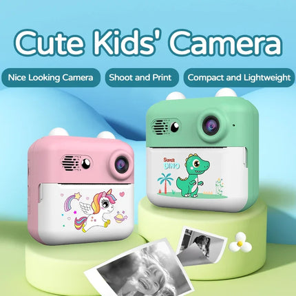 Kids Instant Print Camera with Games Pink Green Dinosaurs Cute Mini Digital Toy Camera for Boys Girls Birthday Christmas Gifts