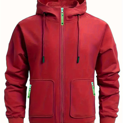 Men Full Zip Hooded Jacket Waffle Grid Texture Solid Color Zipper Pocket Long Sleeve Casual Outdoor Sweatshirt Coat