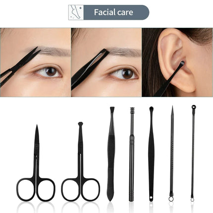 Stainless Steel 7/10/16/18pcs Black Manicure kit Pedicure Set Scissors Nail Clipper Grooming Tool Kit with Travel Case