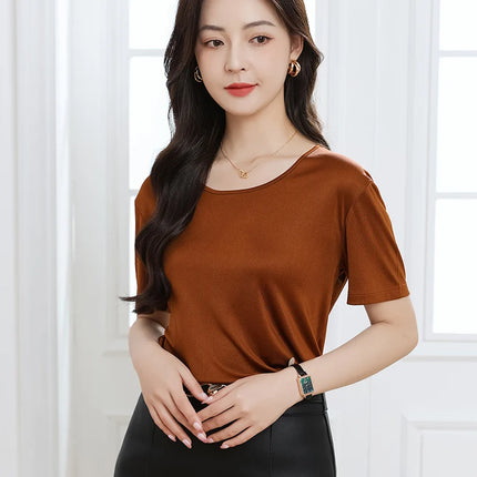 Summer High-End Women's Short Sleeve T-Shirt Acetate Fabric Knitted European Style Thin Hot Selling Top for Ladies